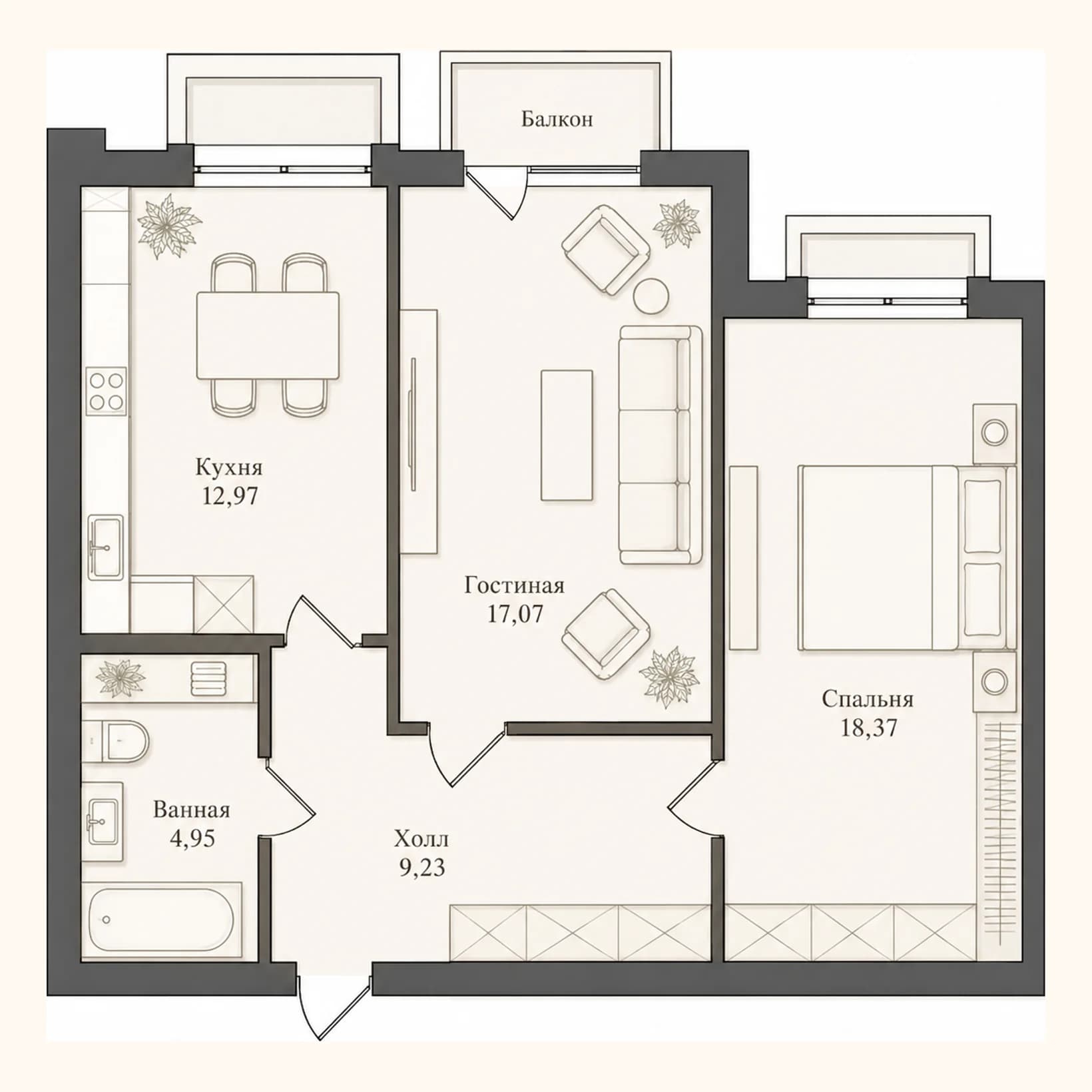 Планировка: План 1 · 62,59 м²