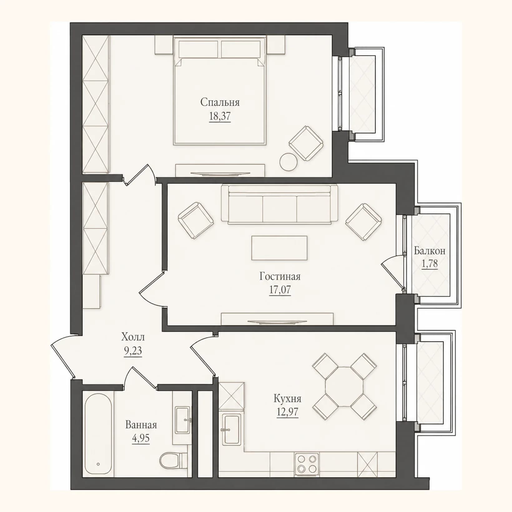 Планировка: План 18 · 63,12 м²