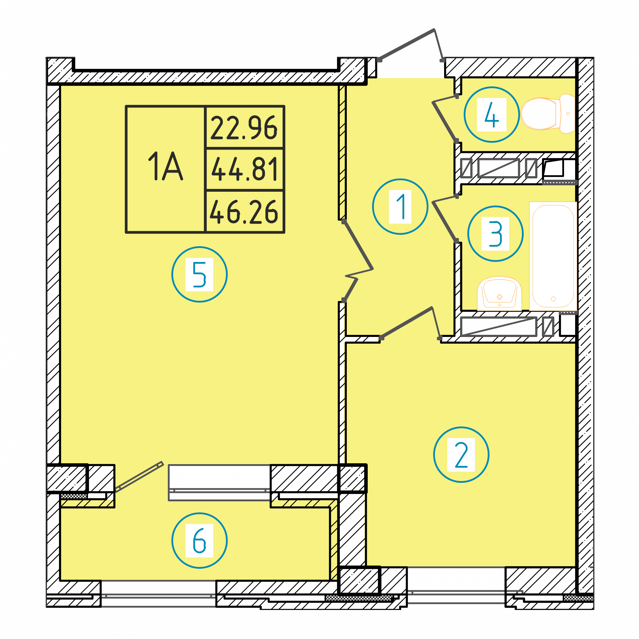 Планировка: 1-комнатная · 46,26 м²