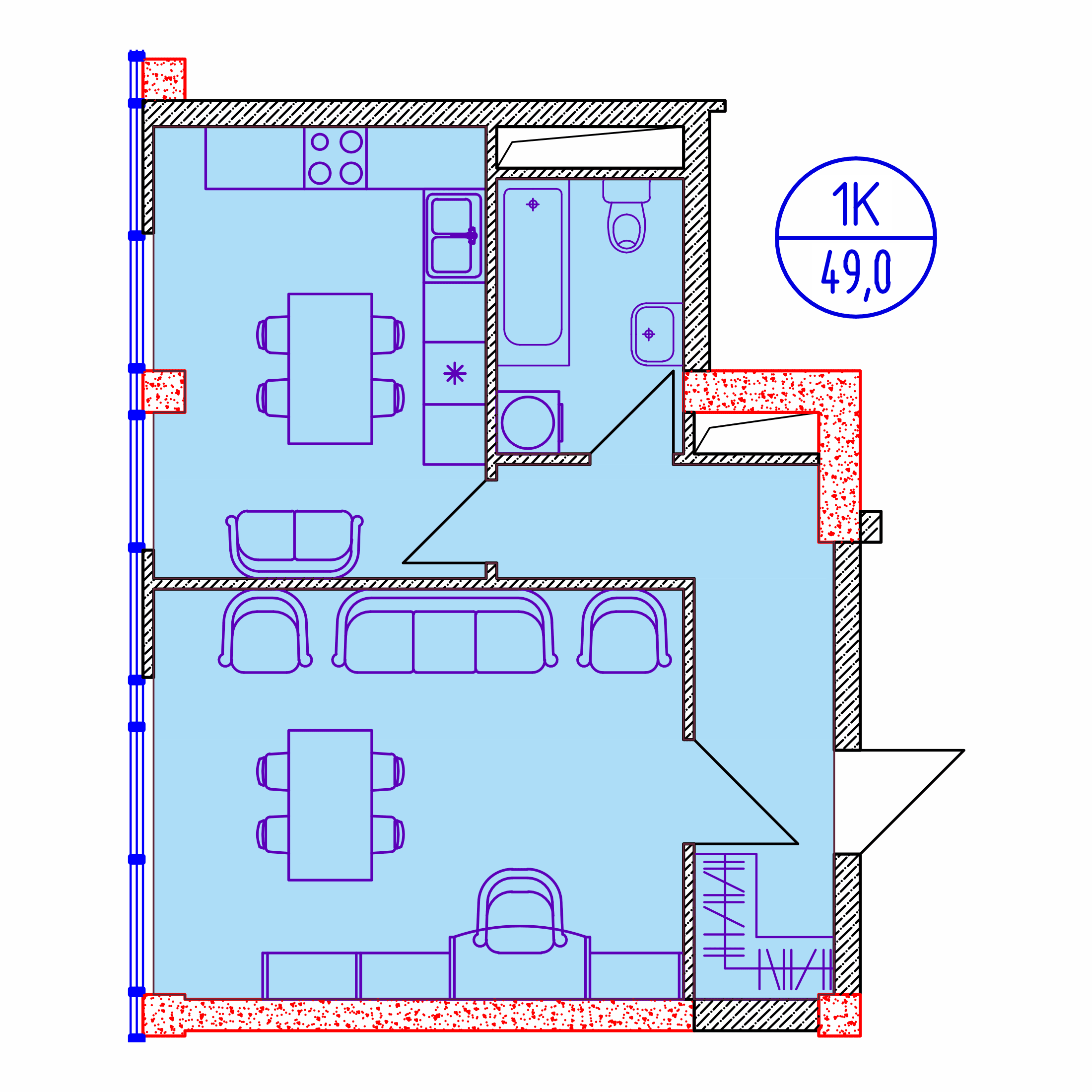 Планировка: Однокомнатная квартира · 49 м²