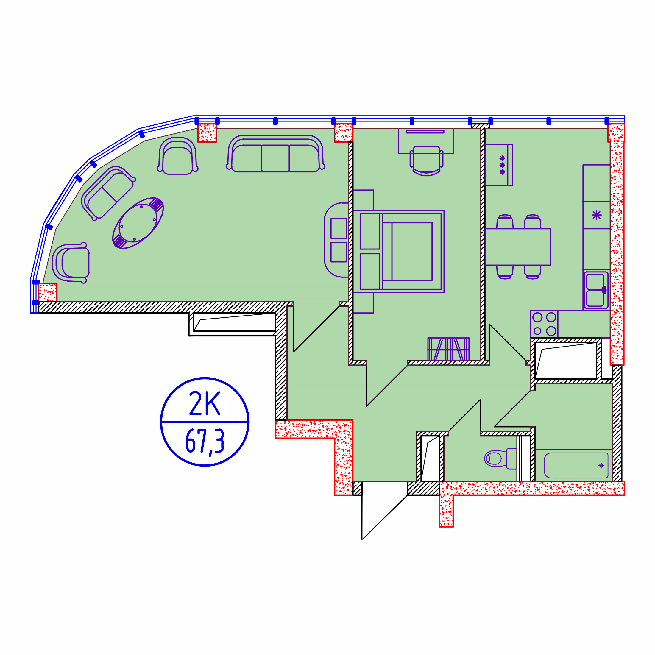 Планировка: Двухкомнатная квартира · 67,3 м²