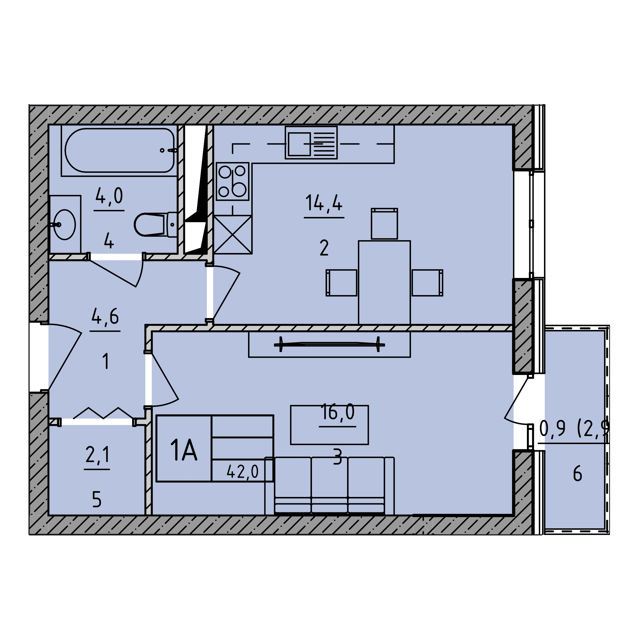 Планировка: 1А · 42,0 м²