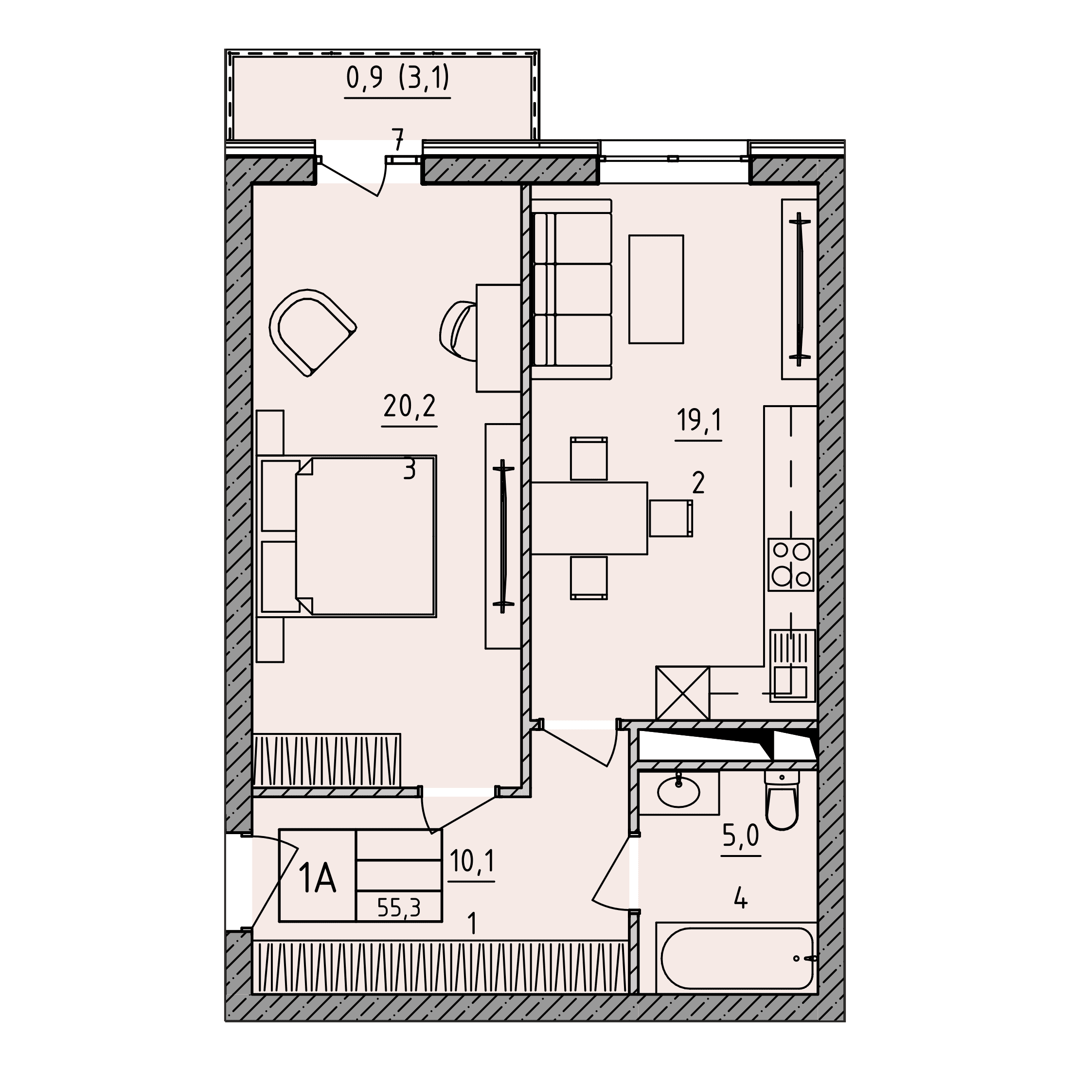 Планировка: 1А · 55,3 м²