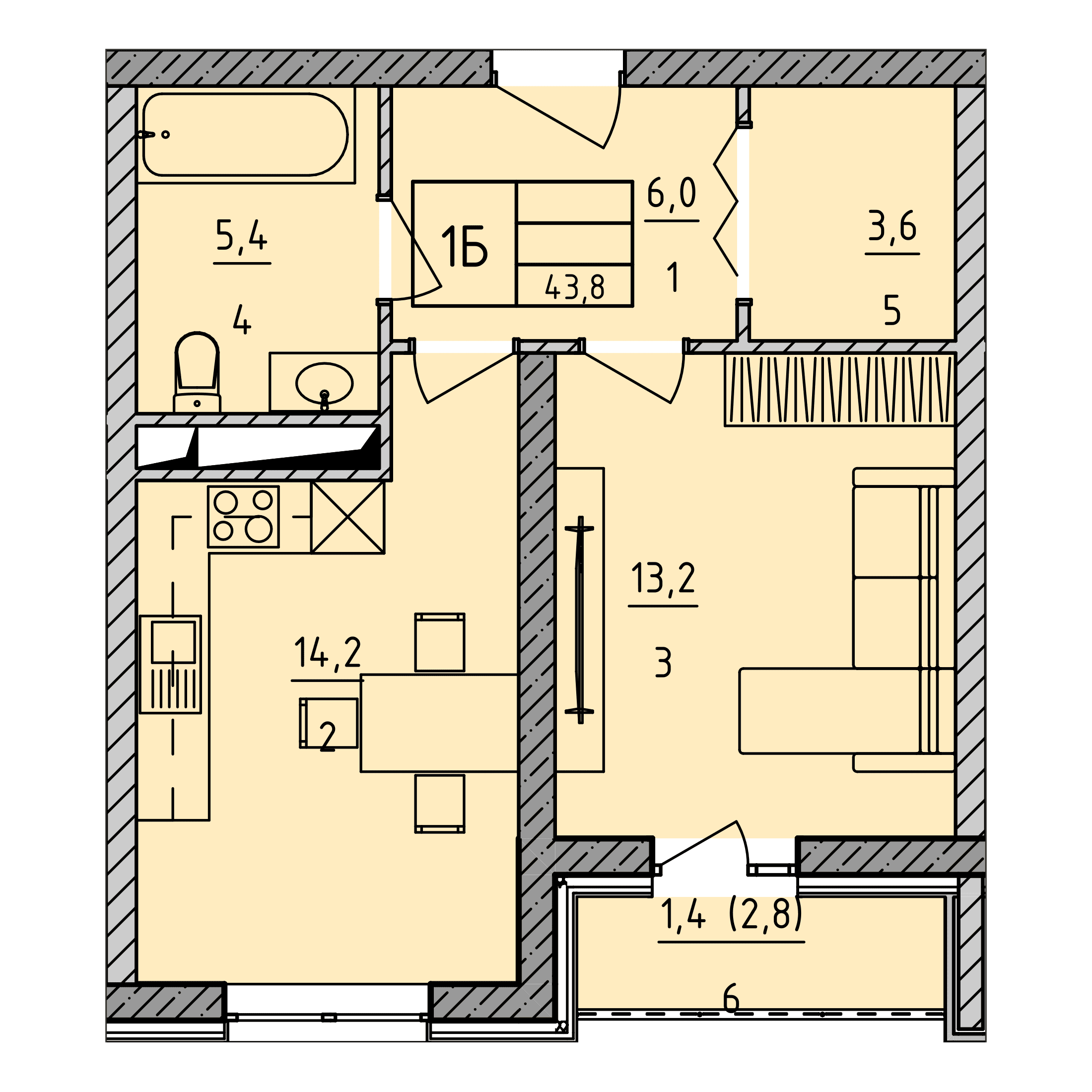 Планировка: 1Б · 43,8 м²