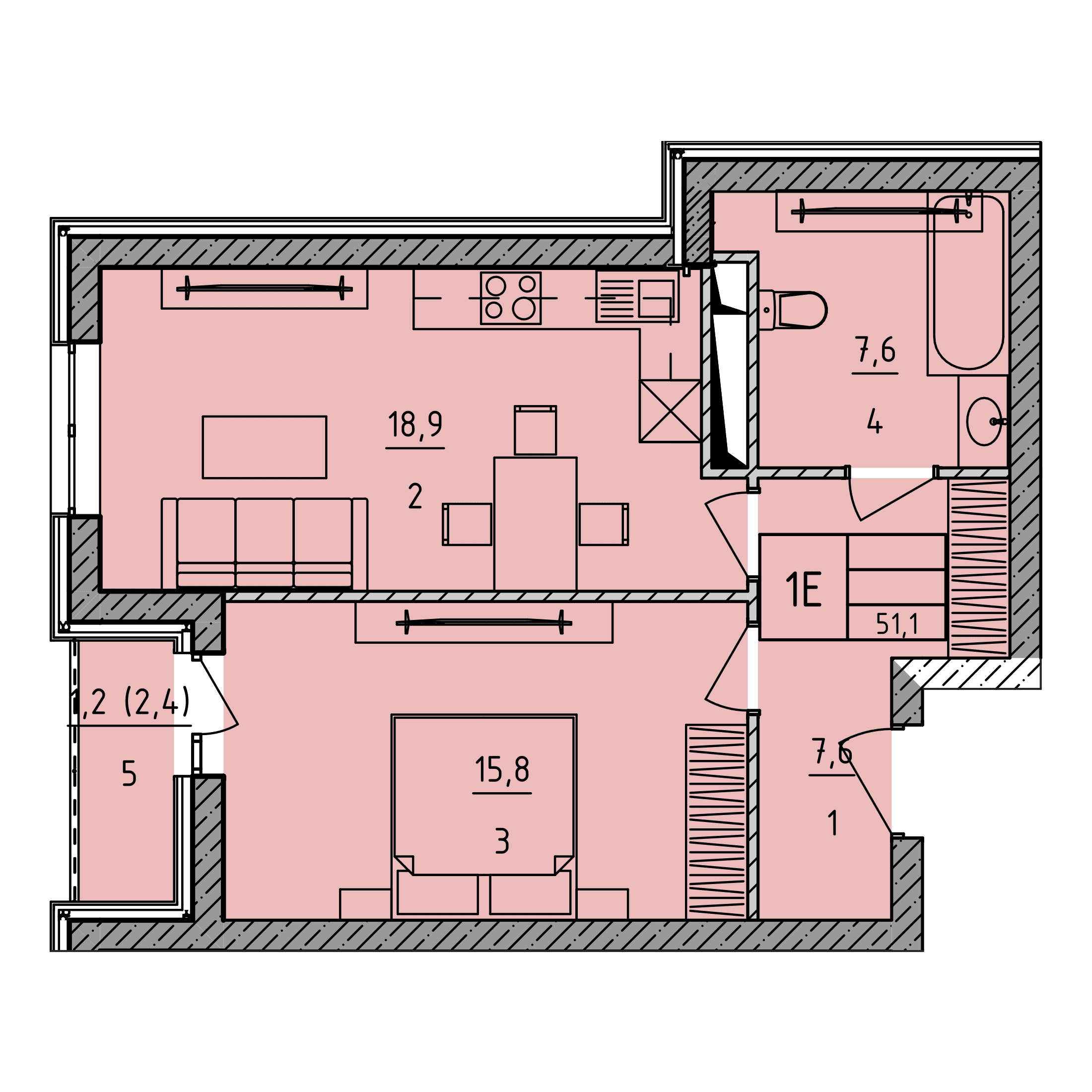 Планировка: 1Е · 51,1 м²