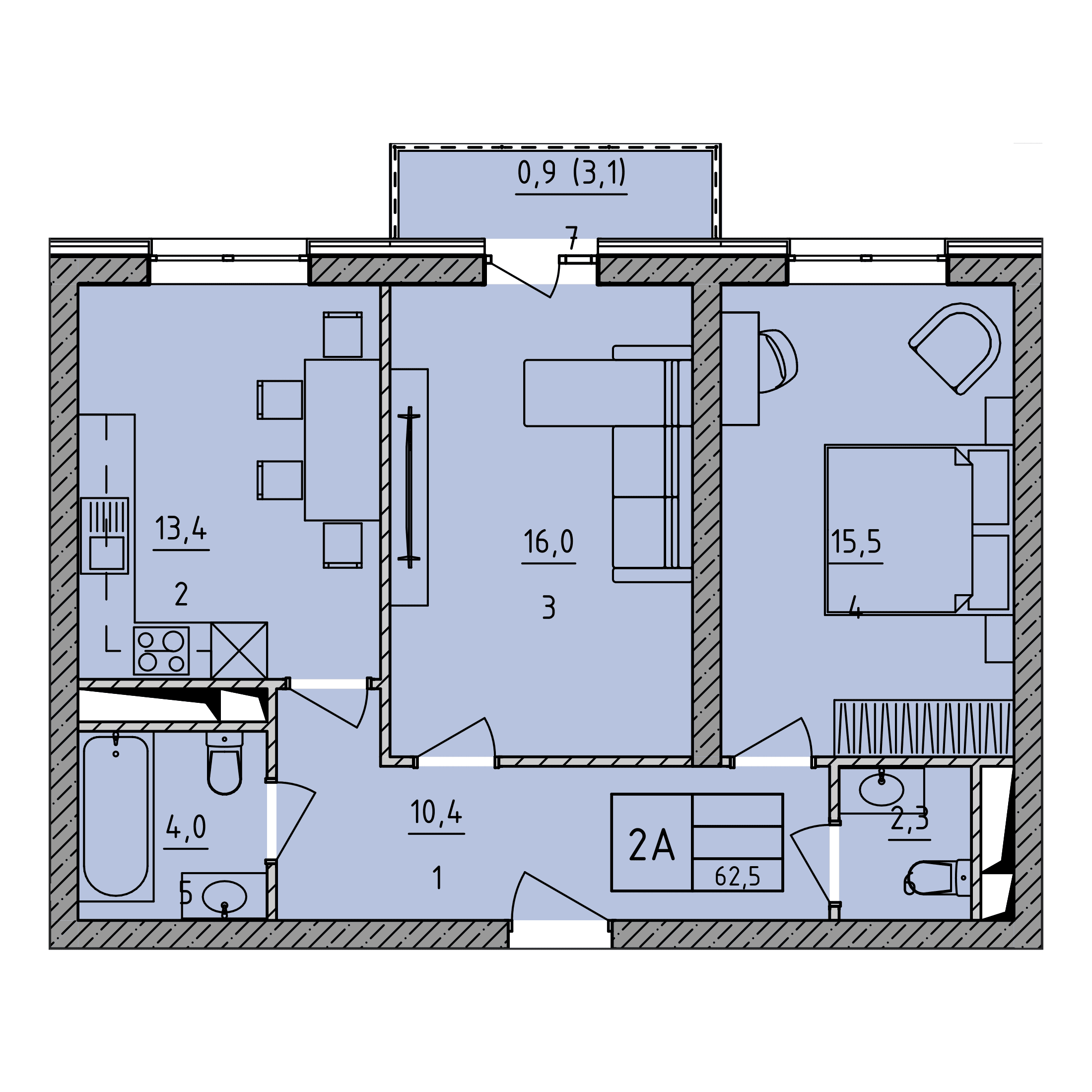 Планировка: 2А · 62,5 м²