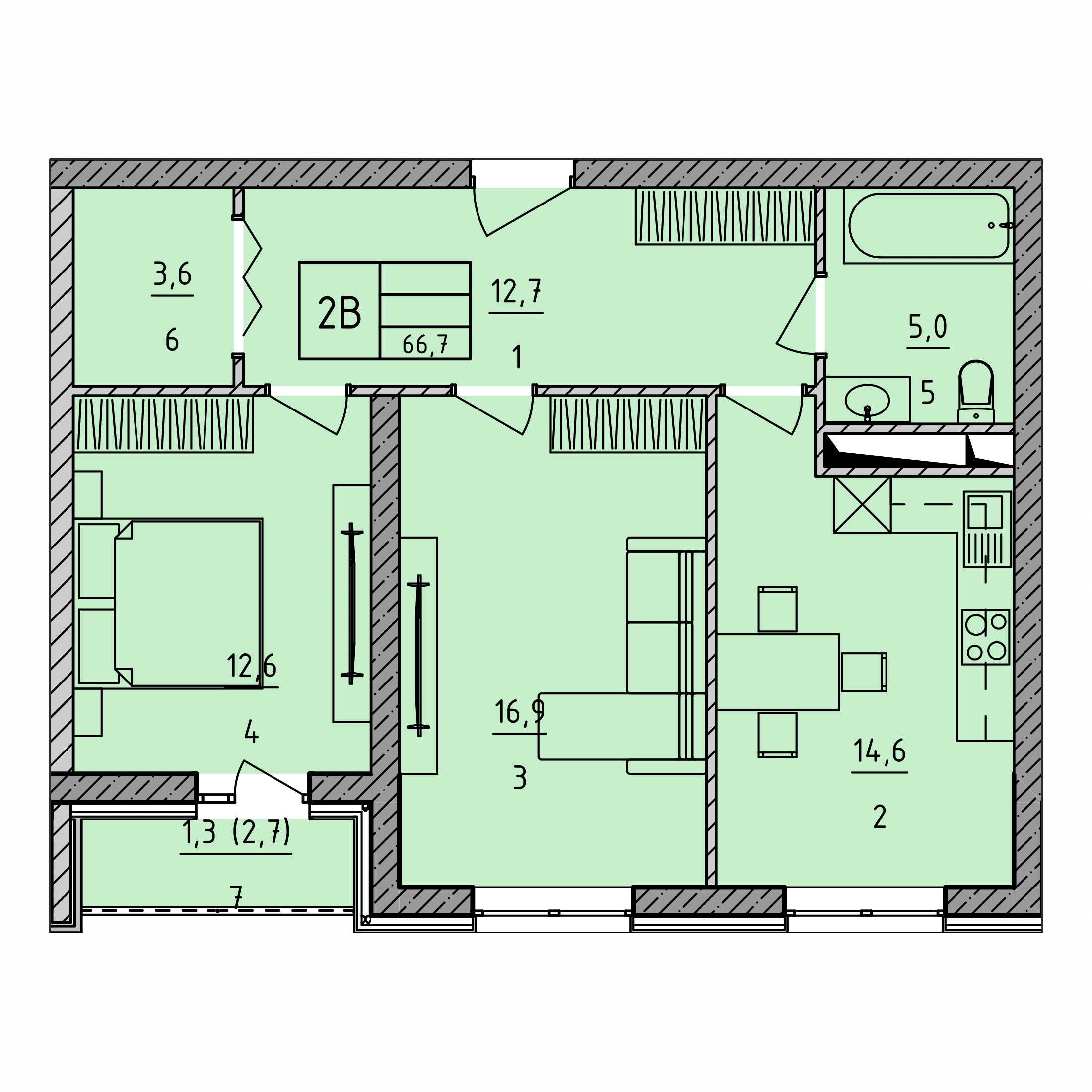 Планировка: 2В · 66,7 м²
