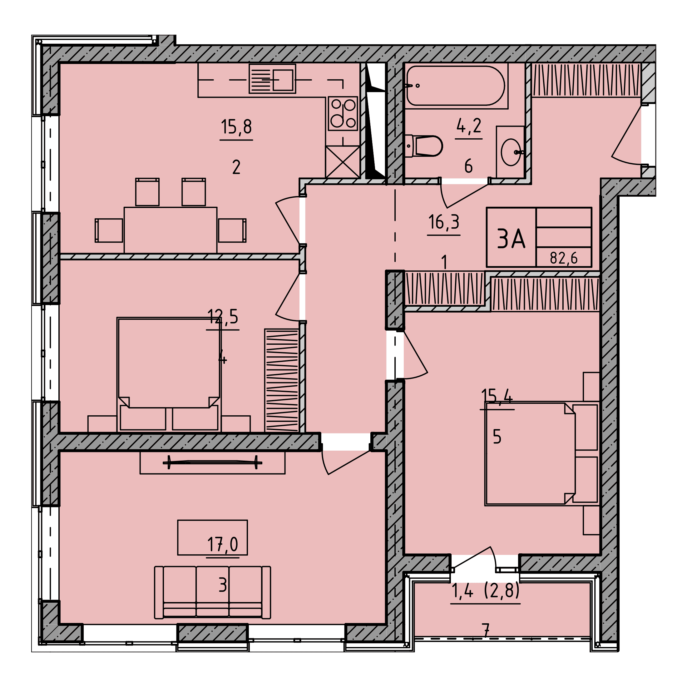 Планировка: 3А · 82,6 м²