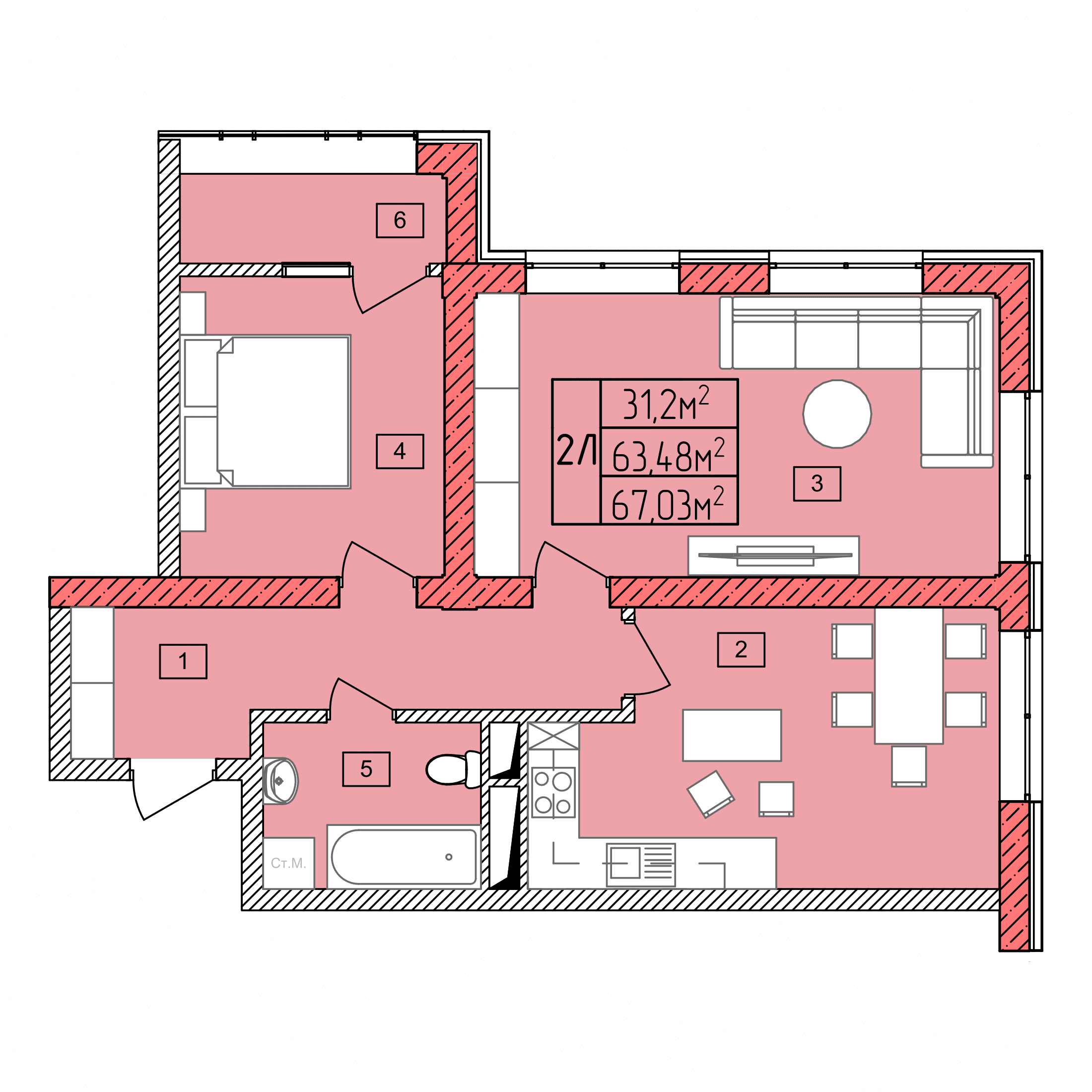 Планировка: 2Л · 67,03 м²