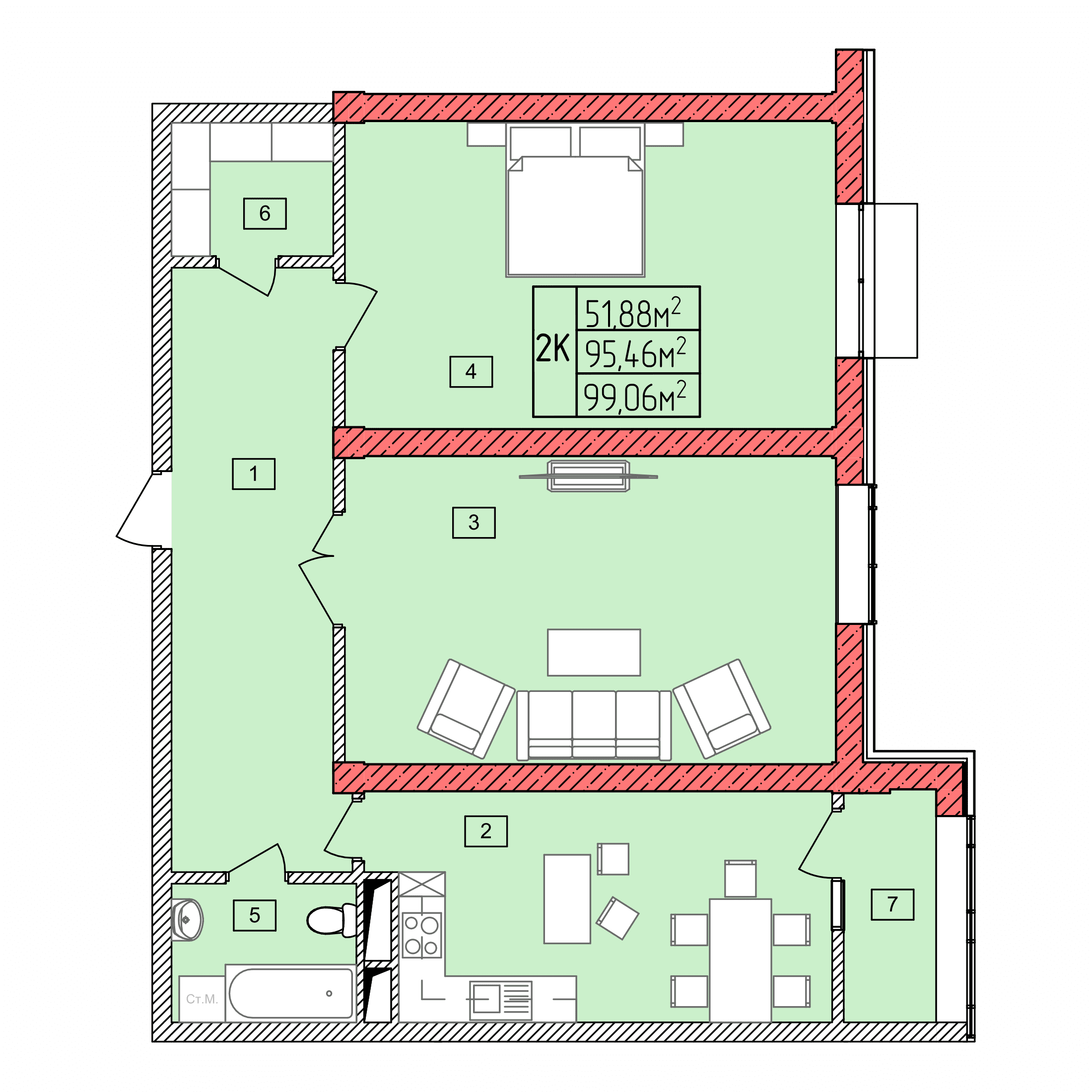 Планировка: 2К · 99,06 м²