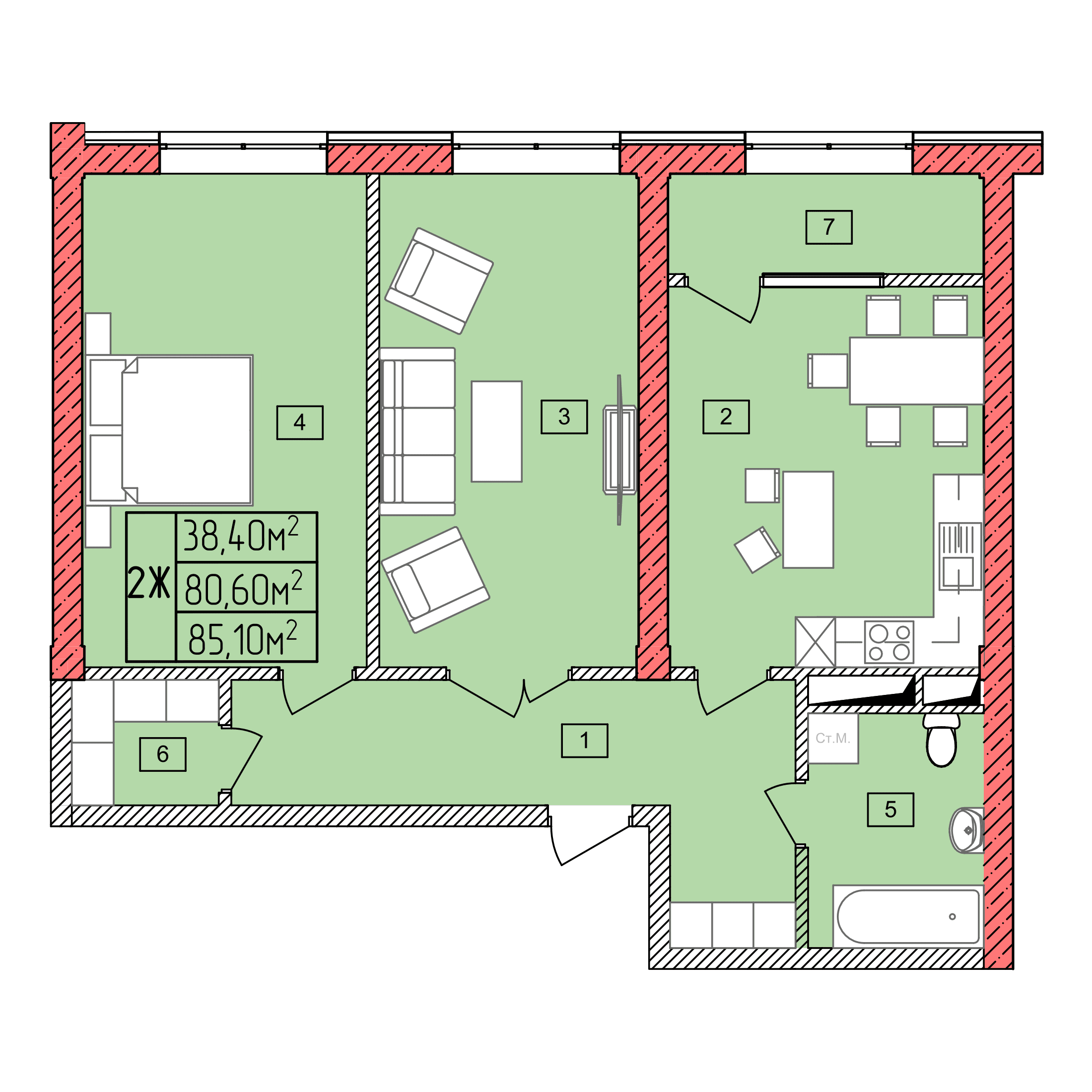 Планировка: 2Ж · 85,10 м²