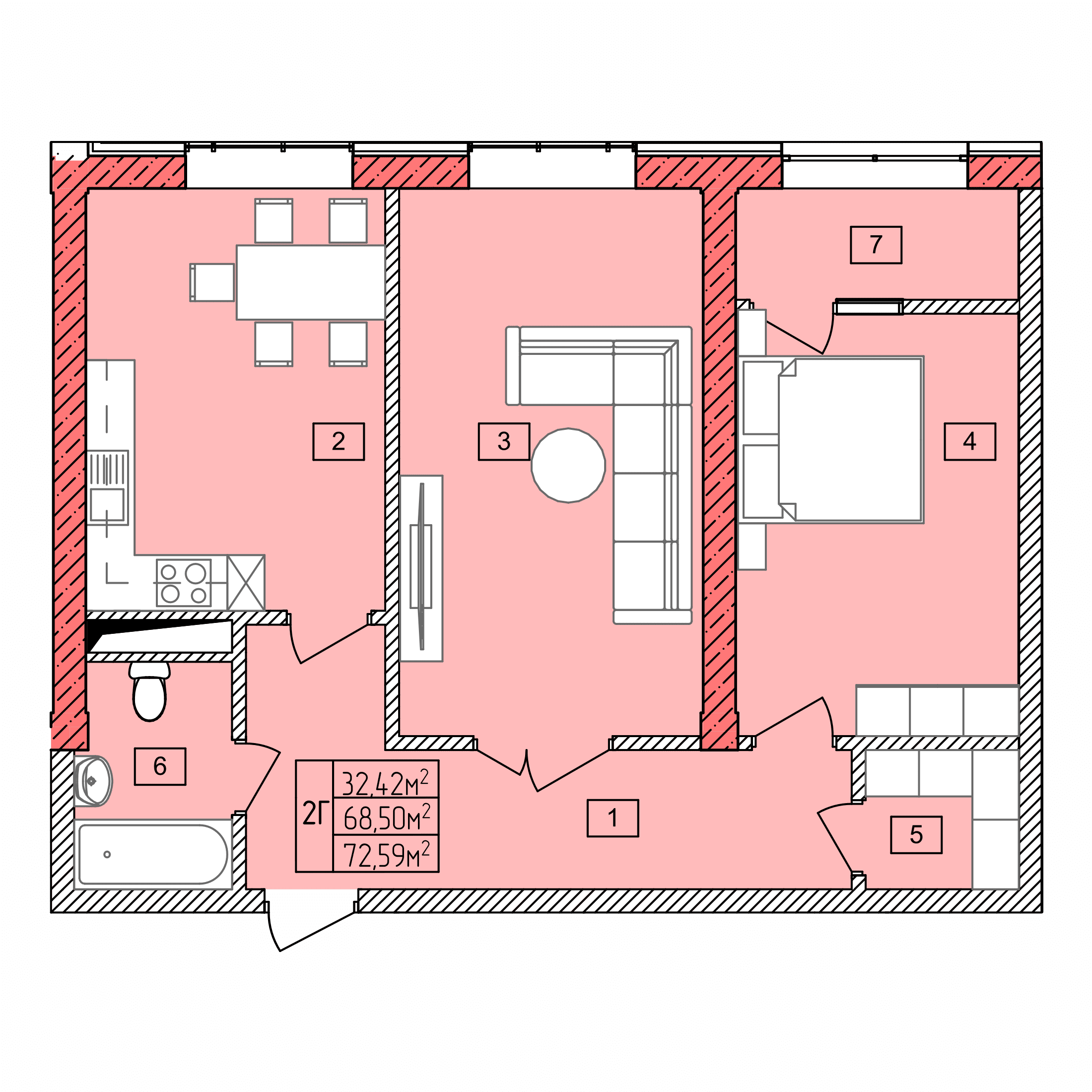 Планировка: 2Г · 72,59 м²