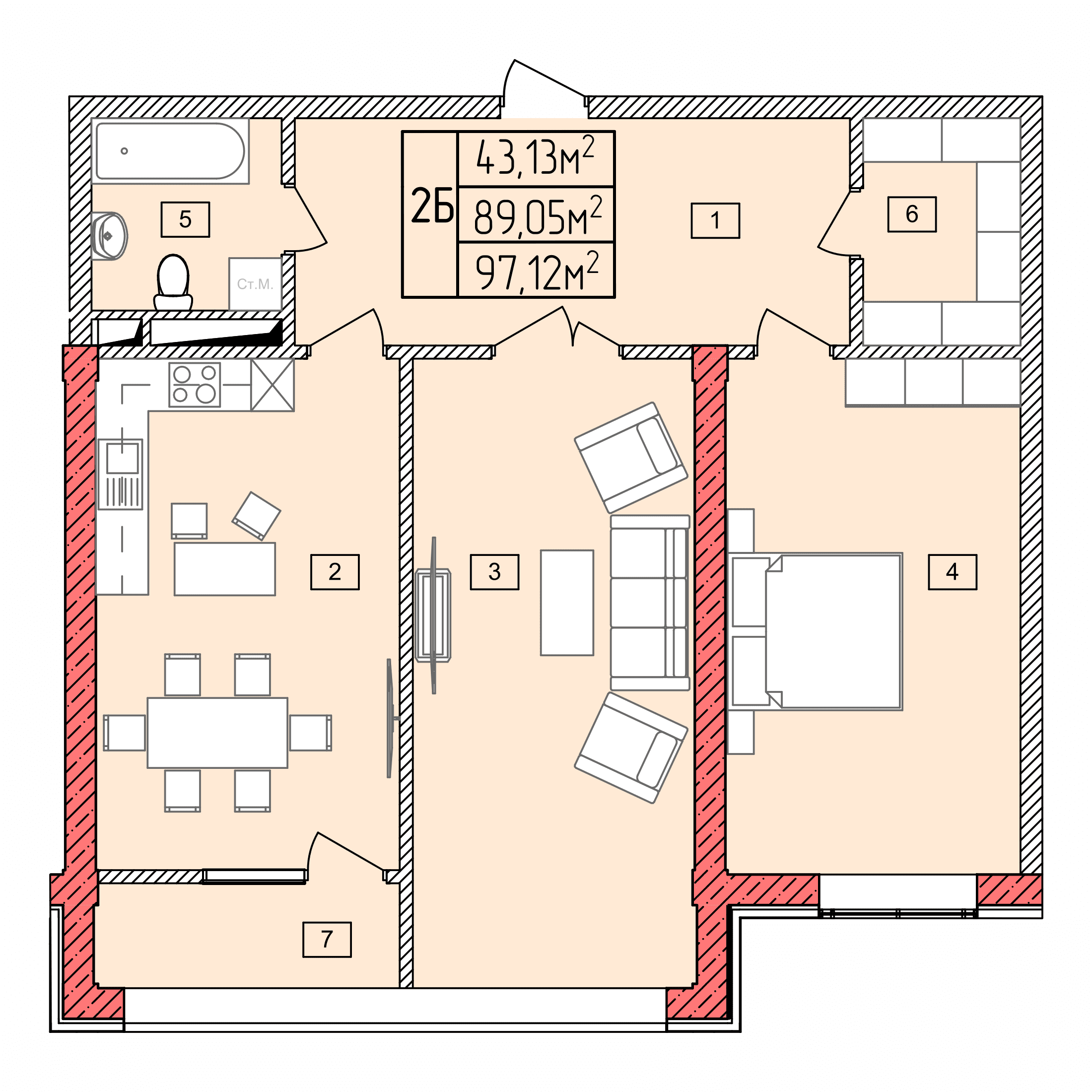 Планировка: 2Б · 97,12 м²
