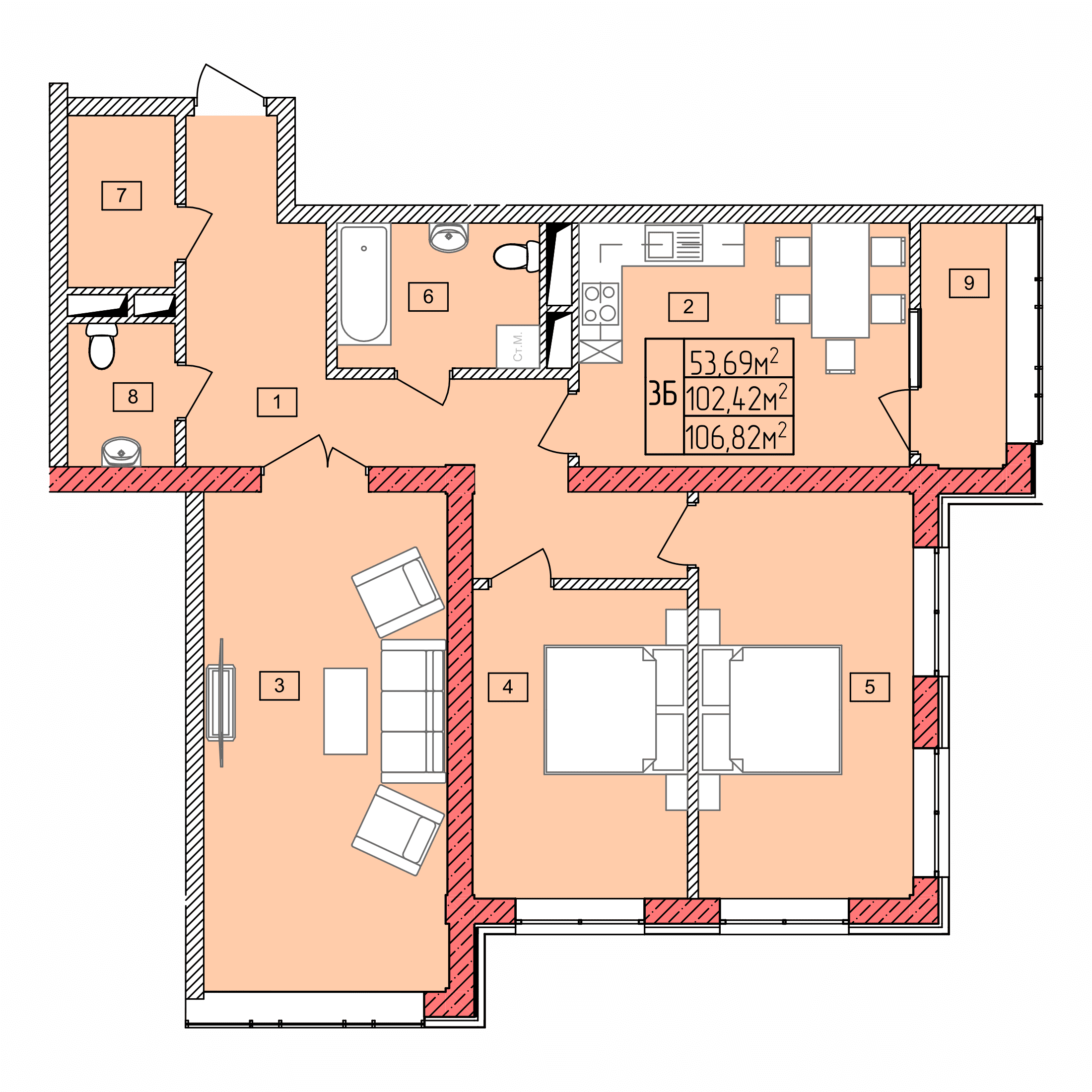 Планировка: 3Б · 106,82 м²