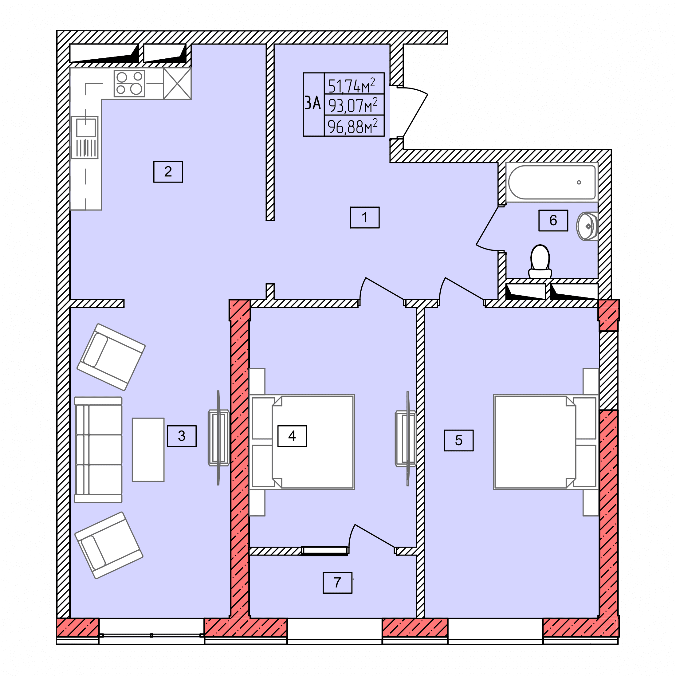 Планировка: 3А · 96,88 м²