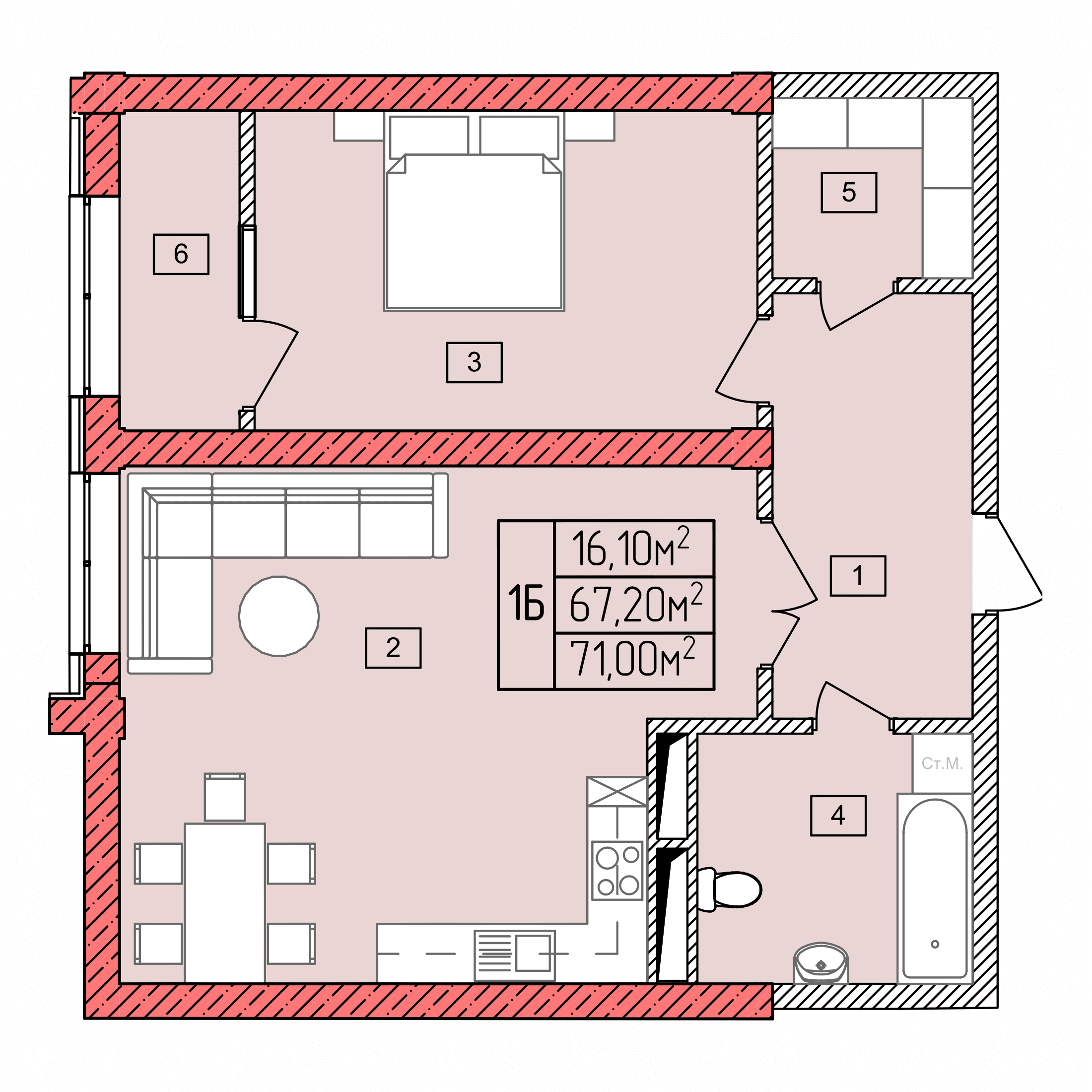 Планировка: 1Б · 71,00 м²
