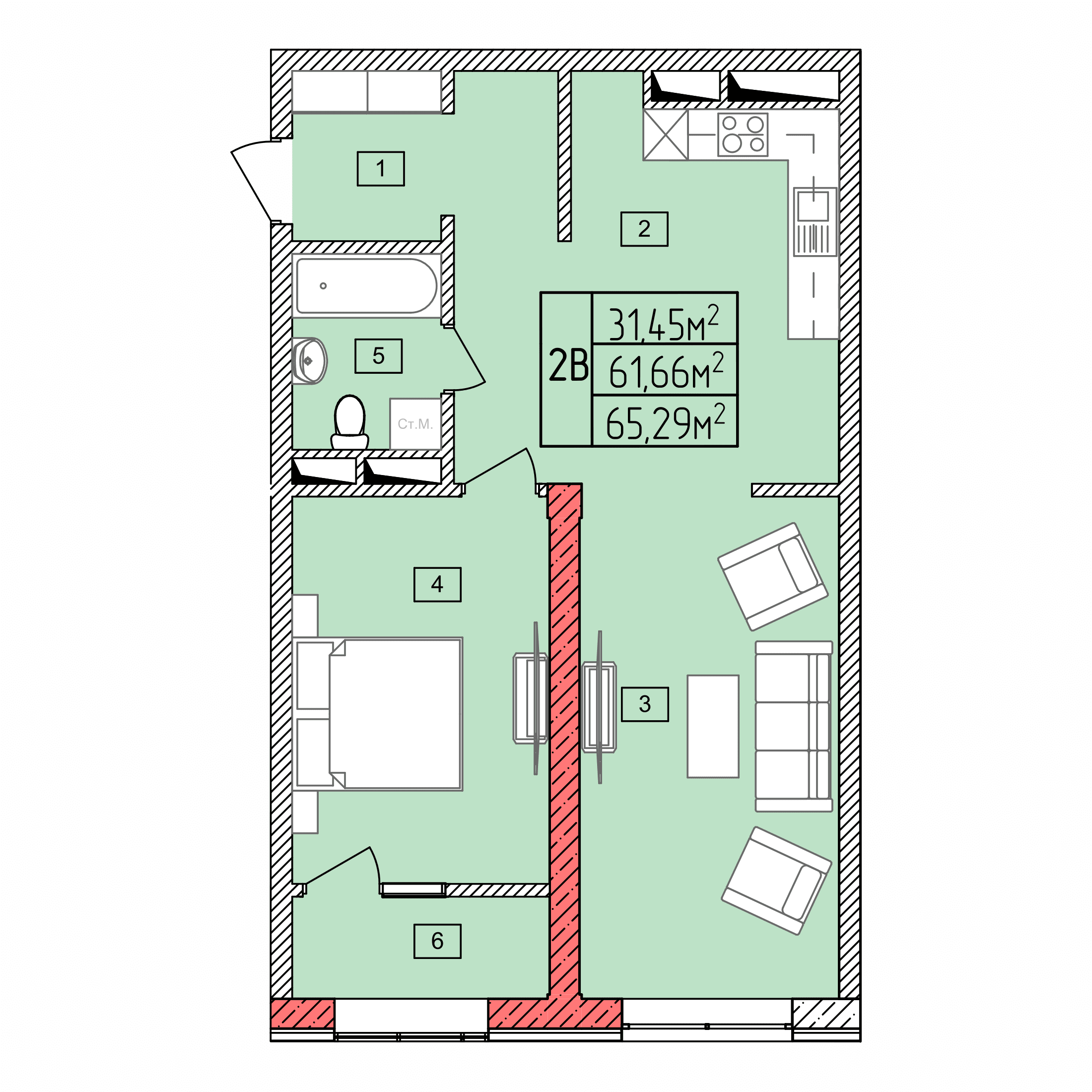 Планировка: 2В · 65,29 м²