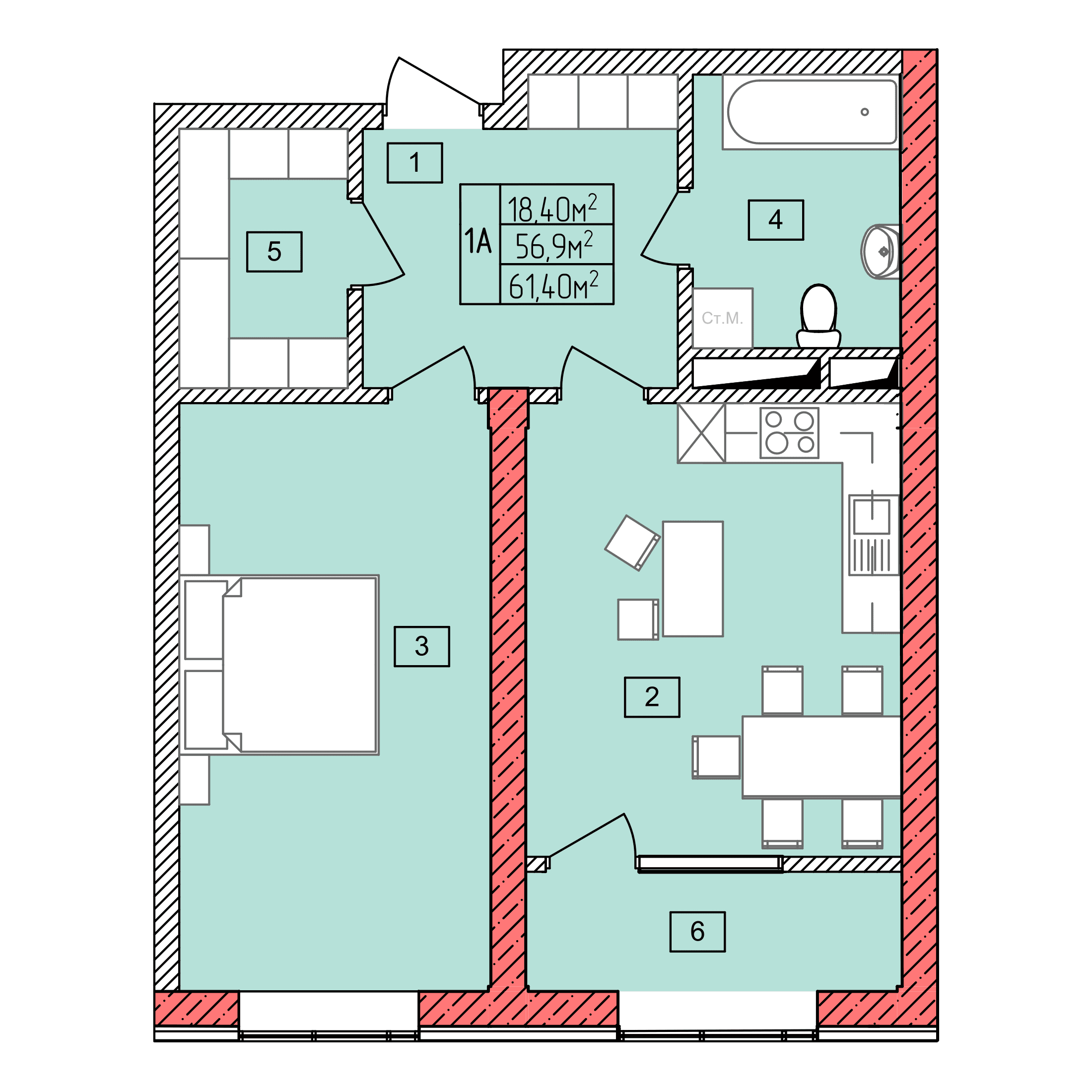 Планировка: 1А · 61,40 м²