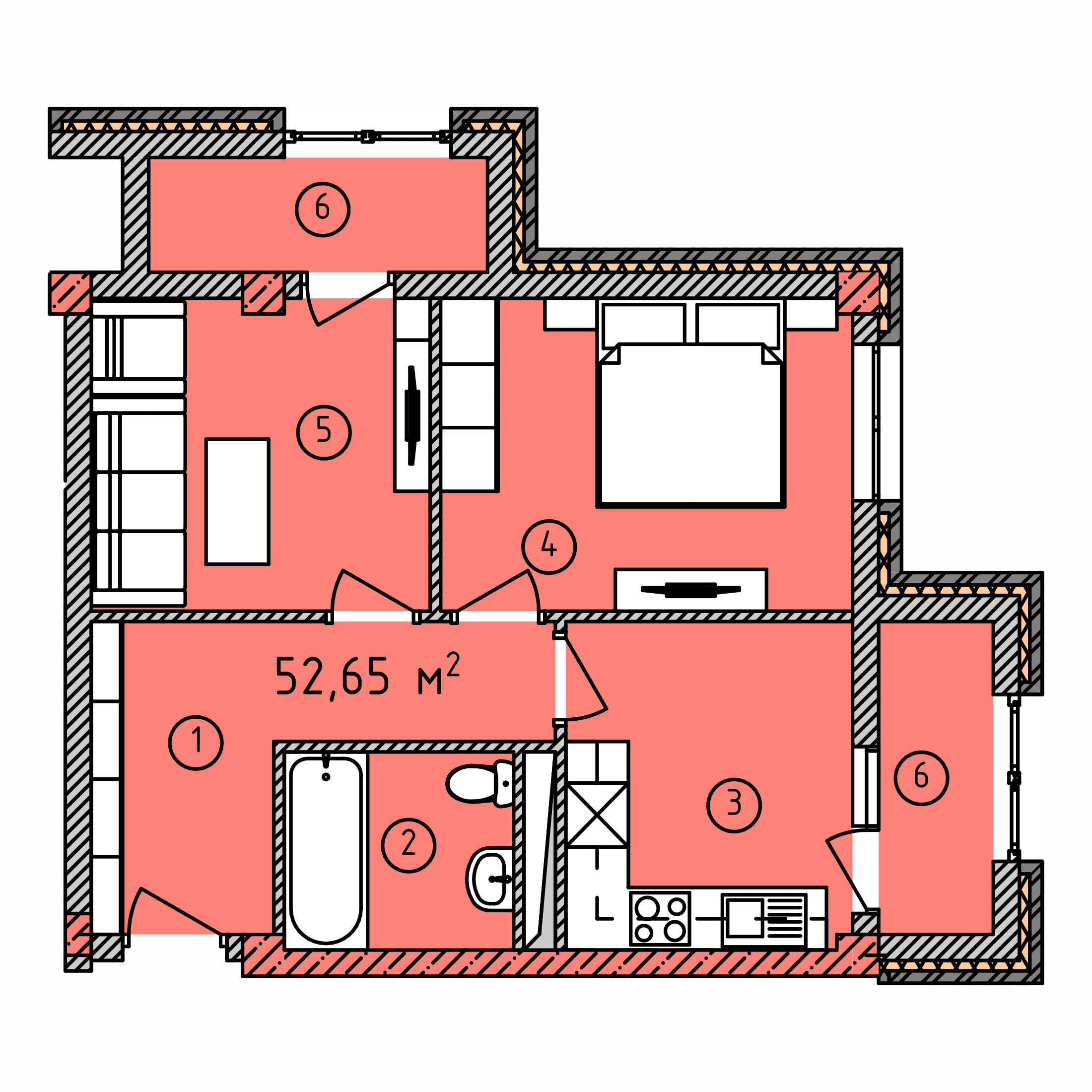 Планировка: 2-комнатная · 52,65 м²