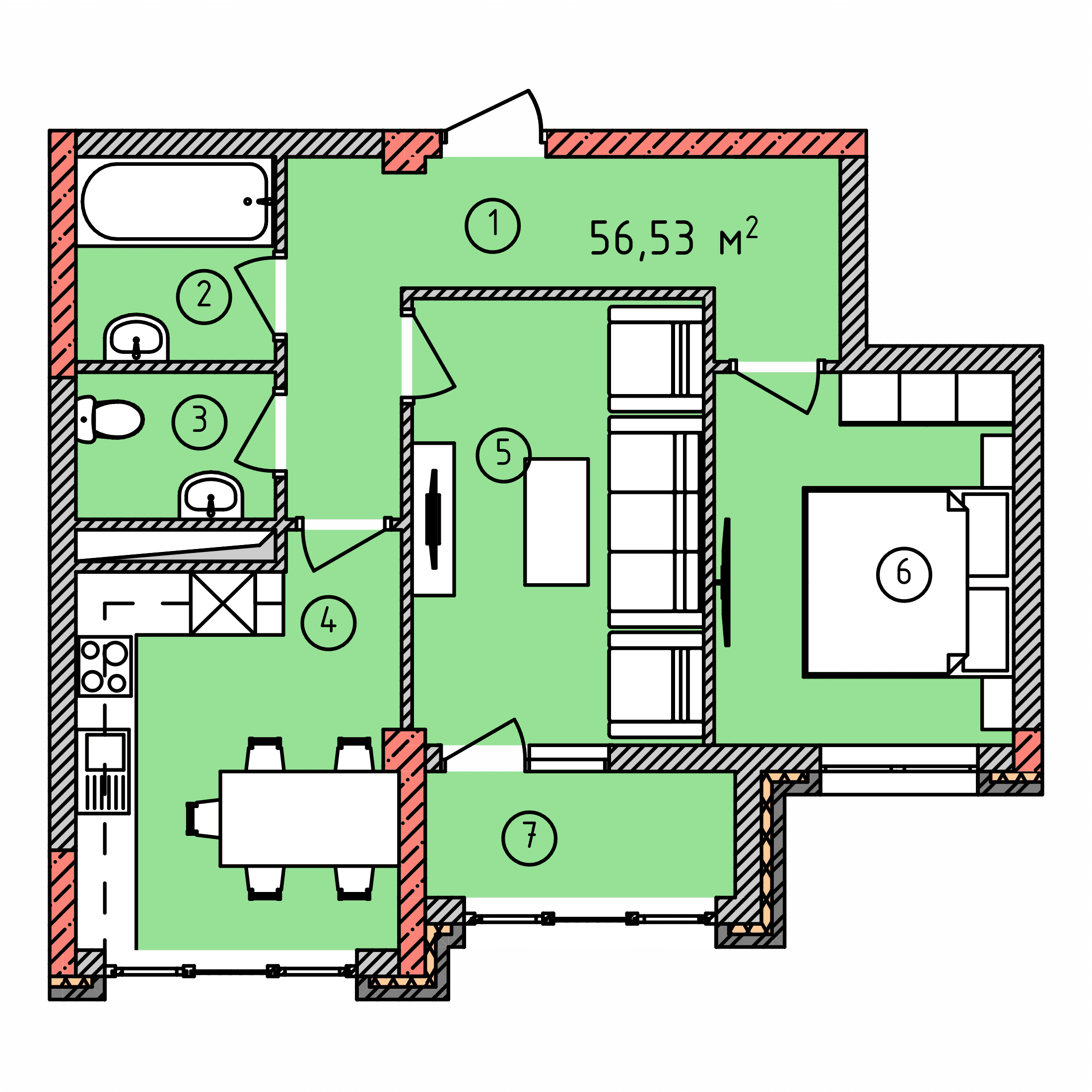 Планировка: 2-комнатная · 56,53 м²