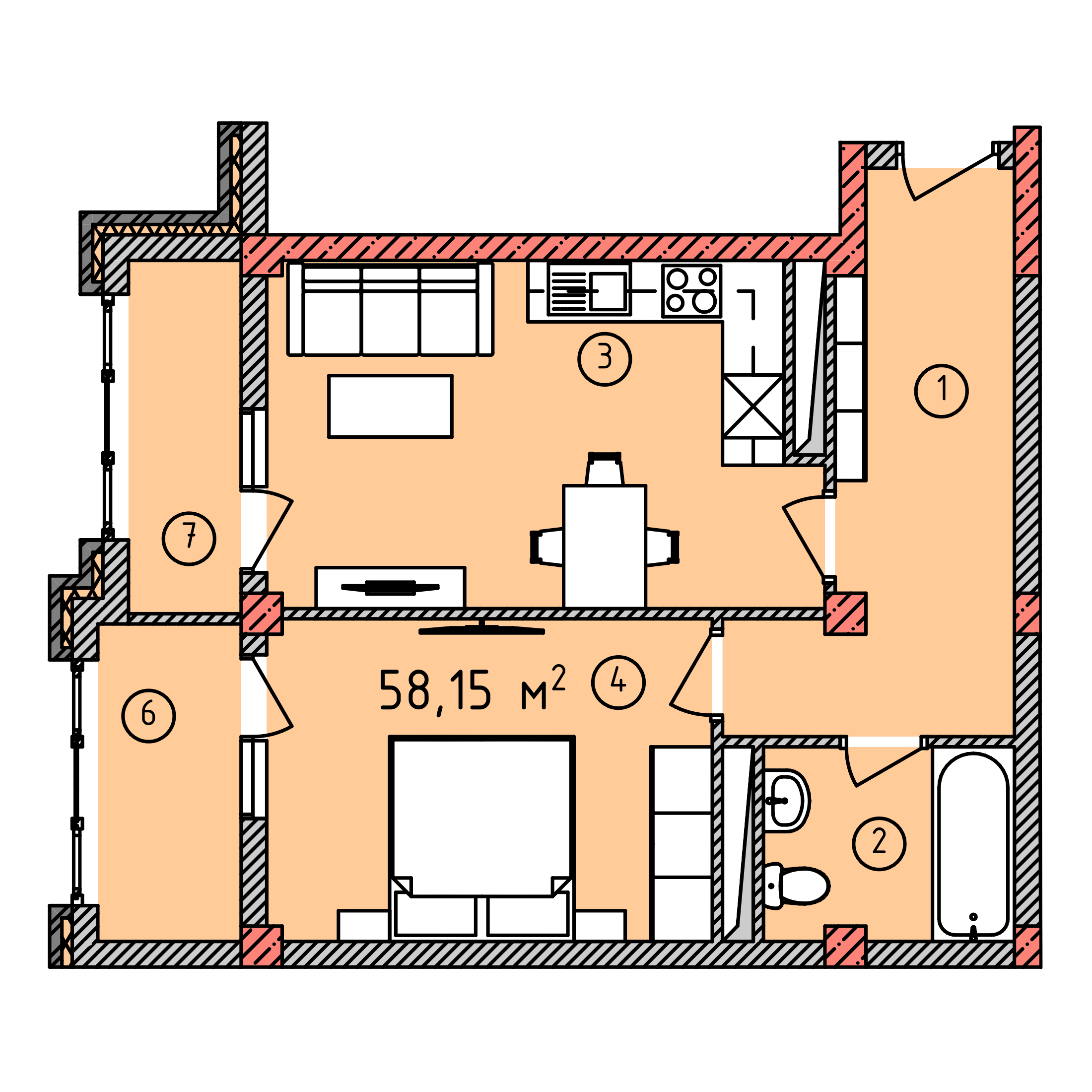 Планировка: Евро-двушка · 58,15 м²