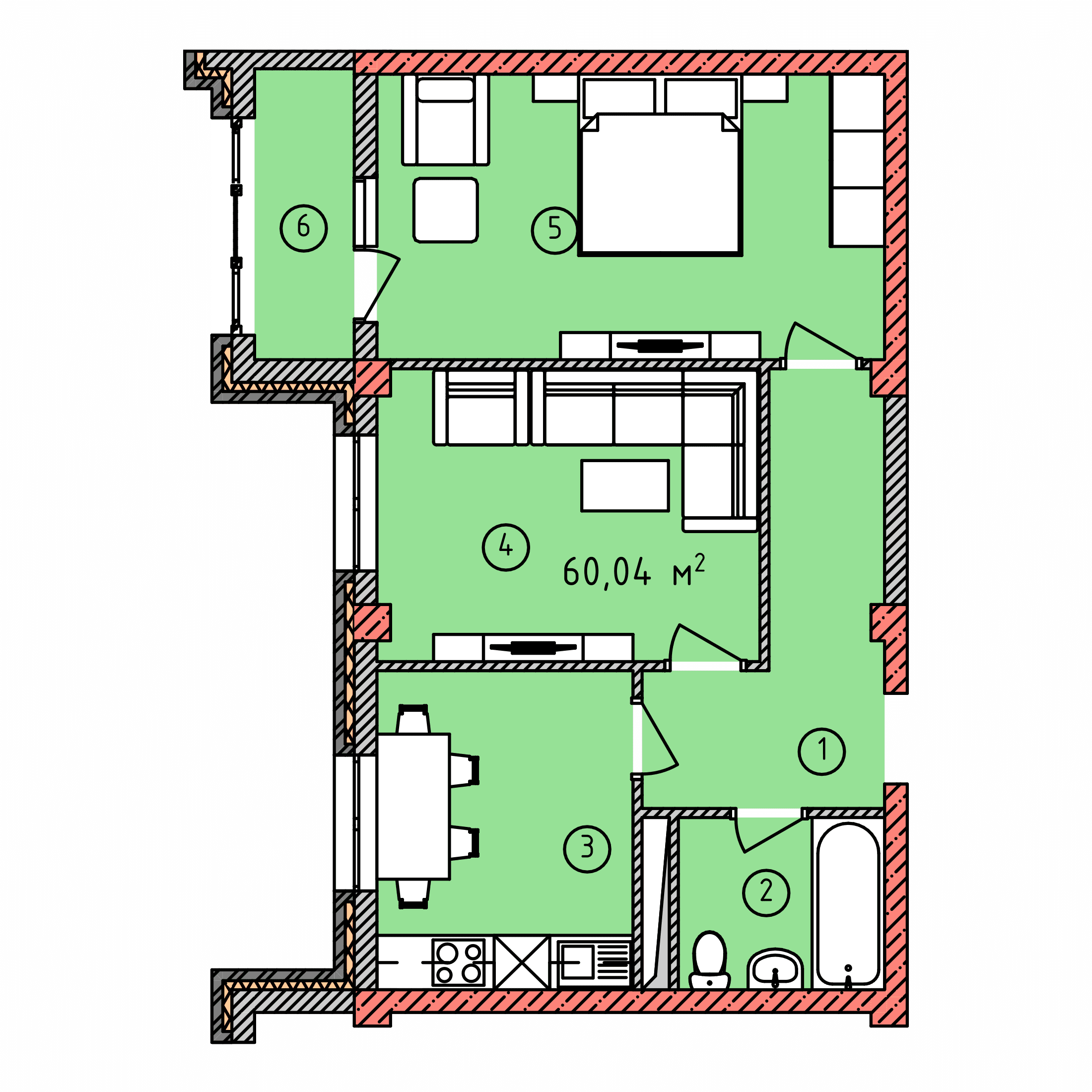 Планировка: 2-комнатная · 60,04 м²