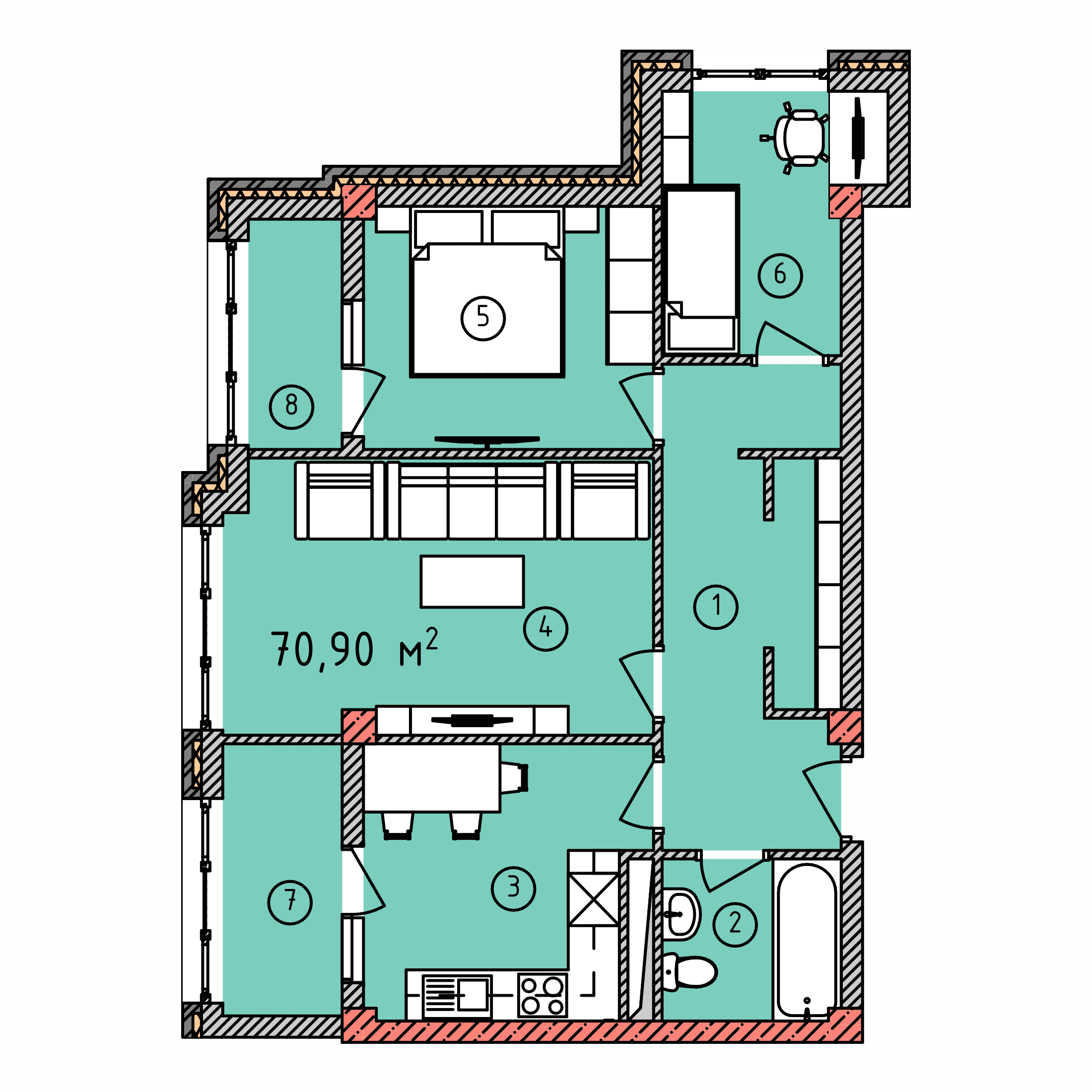 Планировка: 3-комнатная · 70,90 м²