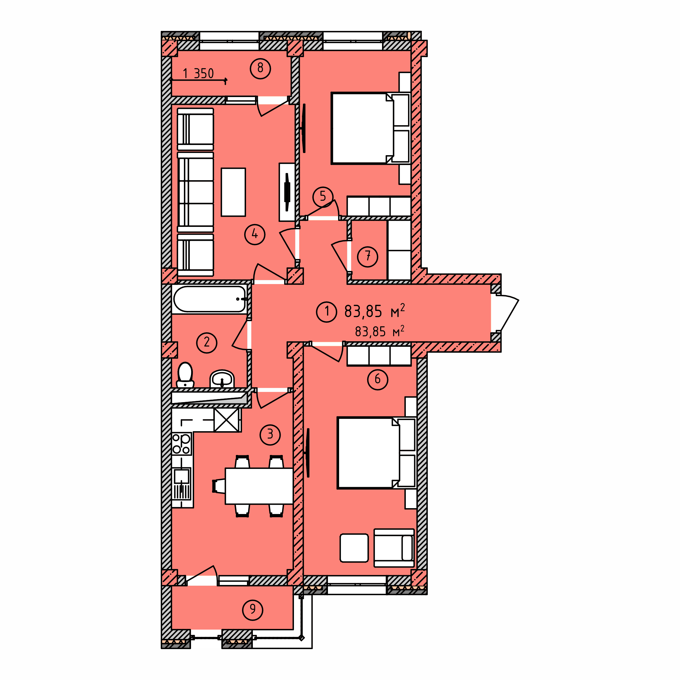 Планировка: 3-комнатная · 83,85 м²
