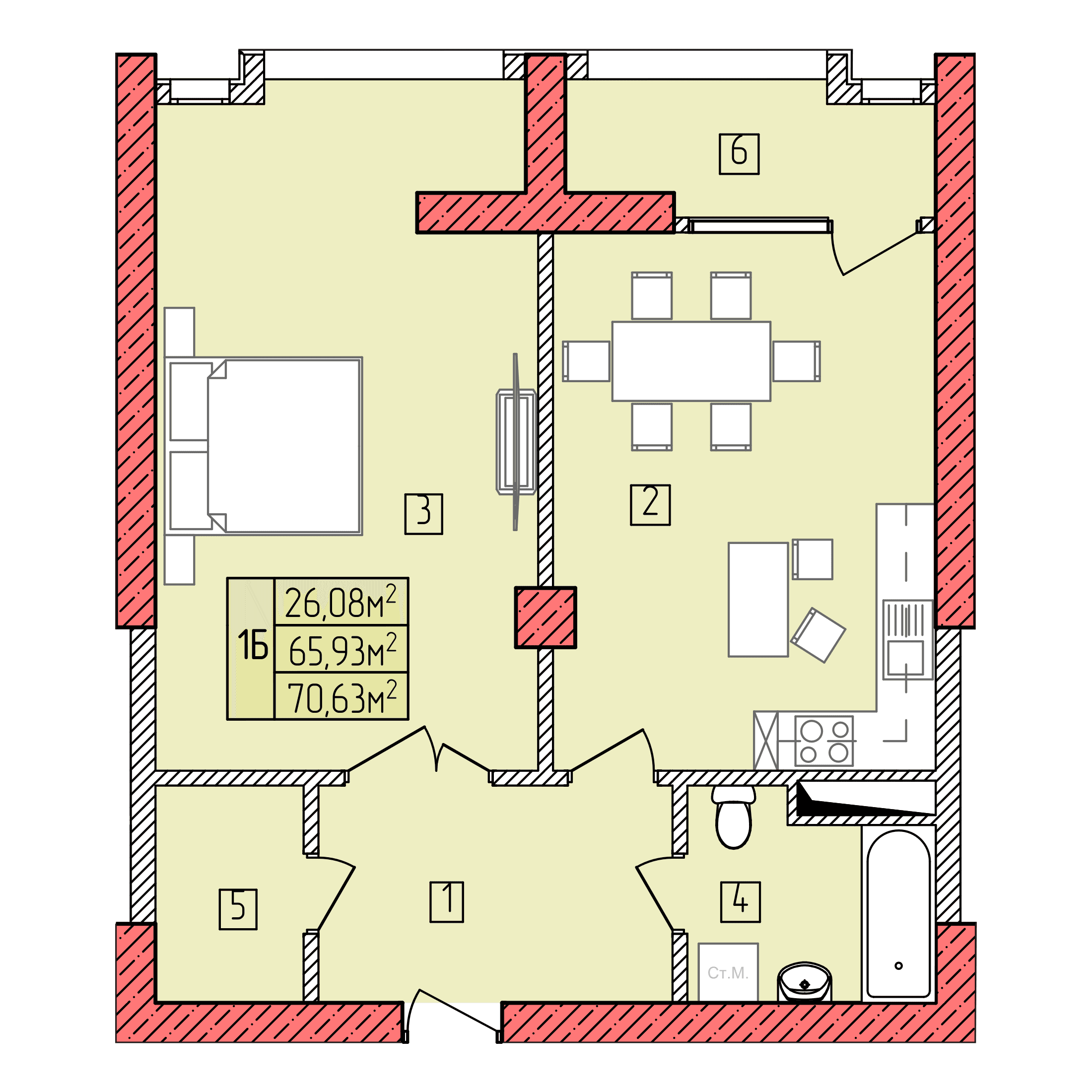 Планировка: 1Б · 70,63 м²