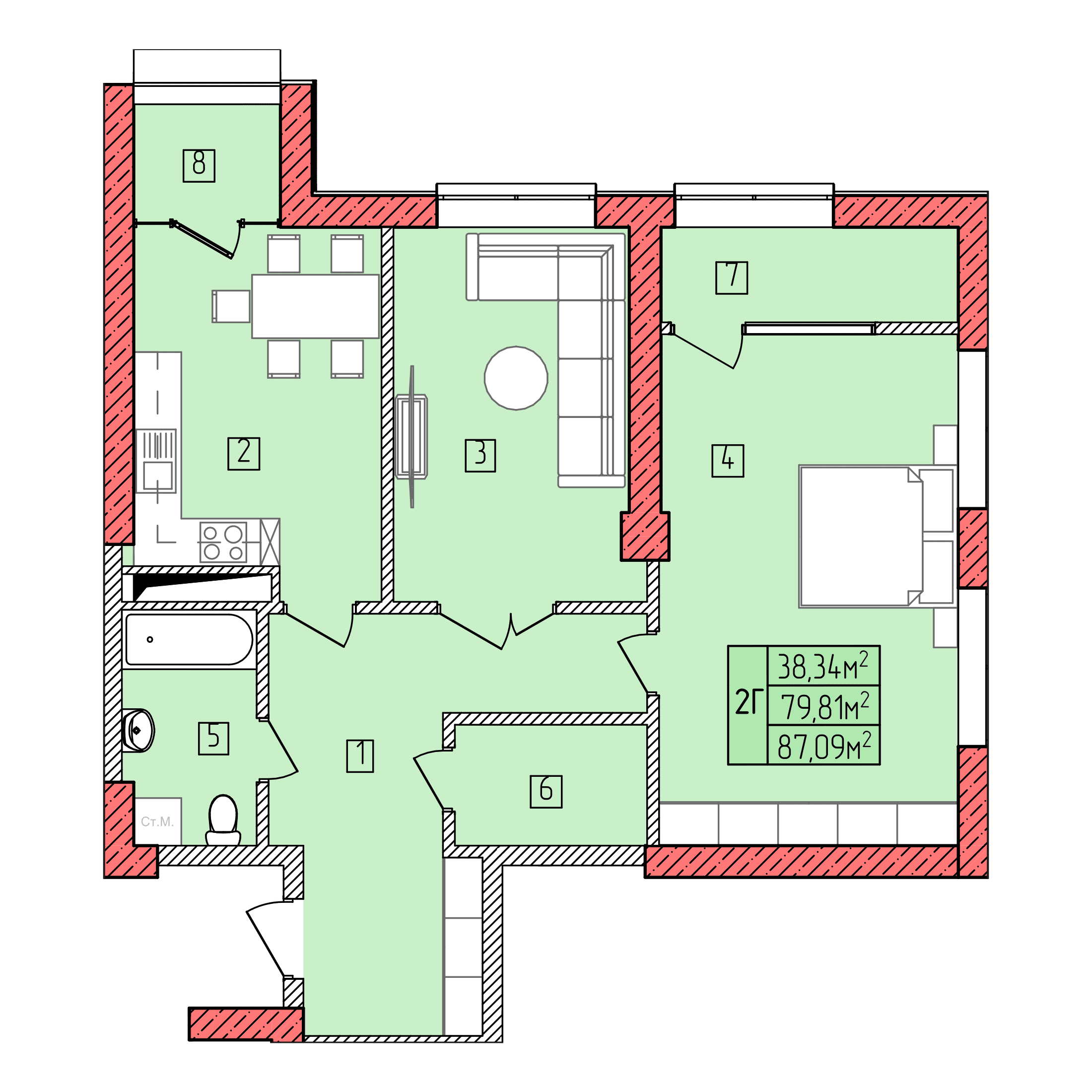Планировка: 2Г · 87,09 м²