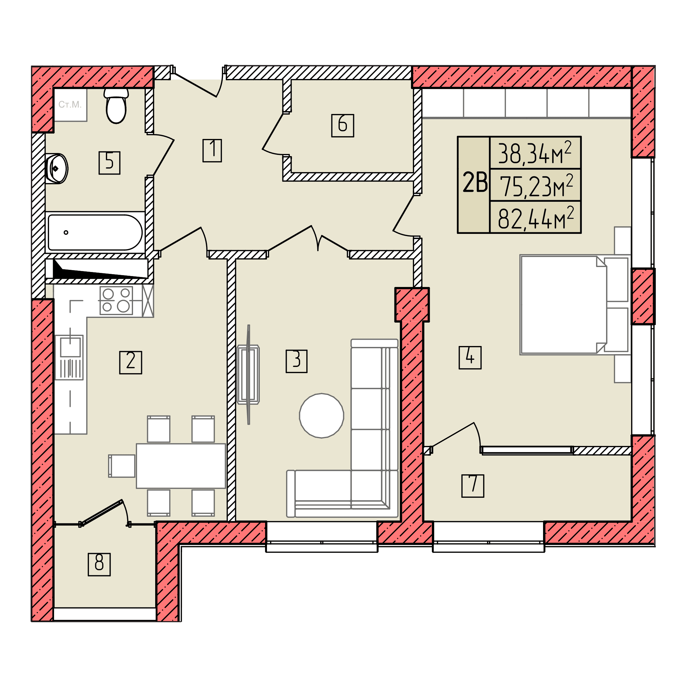 Планировка: 2В · 82,44 м²