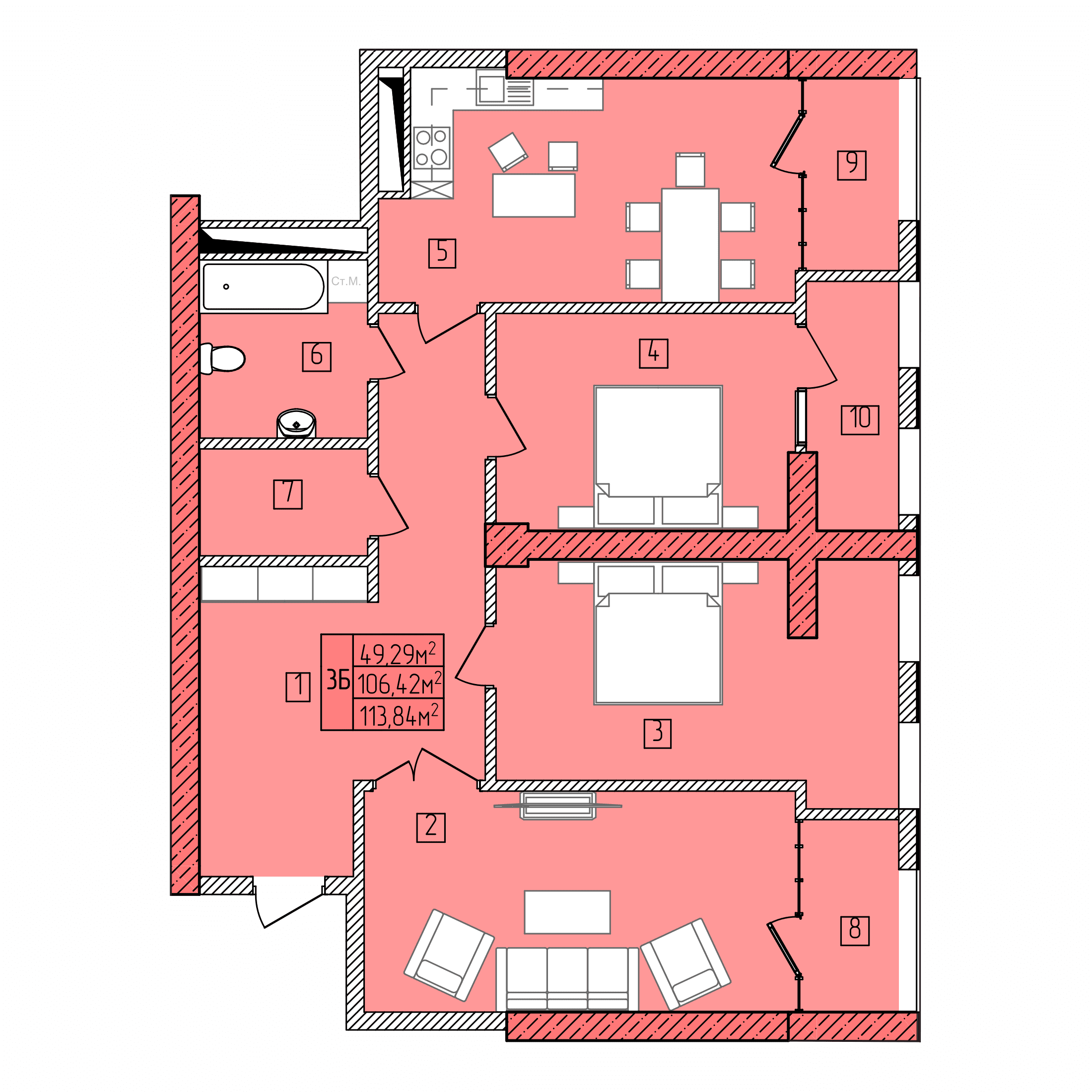 Планировка: 3Б · 113,84 м²