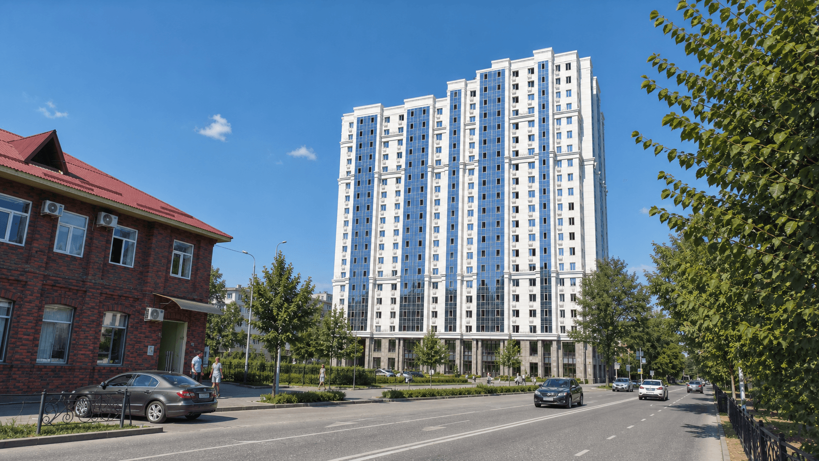 Визуализация открытого вида на ЖК «Трошева» со стороны улицы